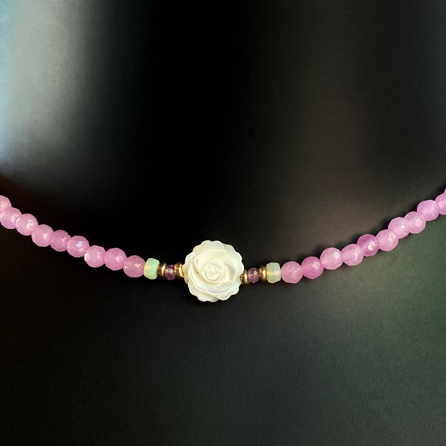Women's Pink Agate, Opal Gemstone with Mother of Pearl Rose Choker necklace