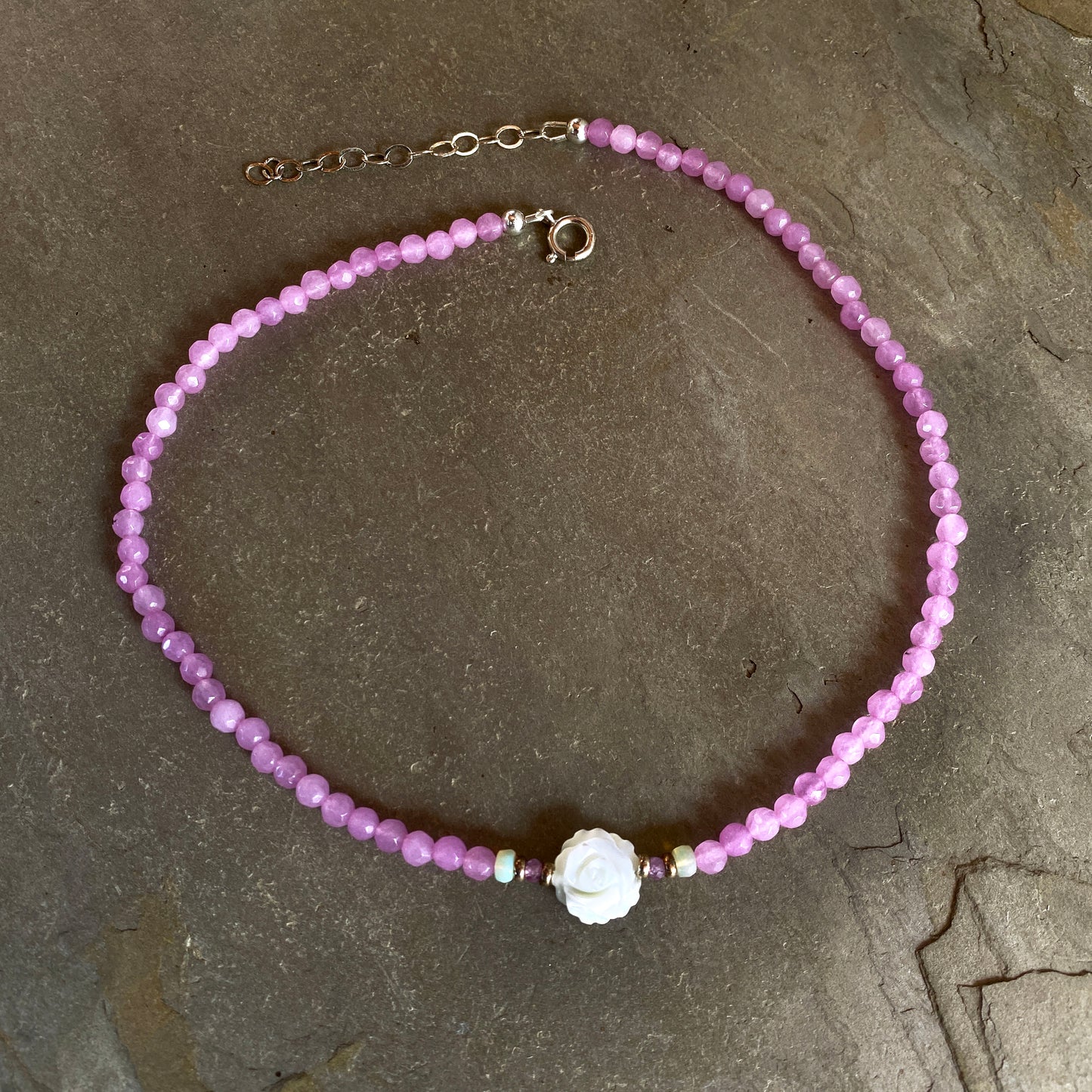 Women's Pink Agate, Opal Gemstone with Mother of Pearl Rose Choker necklace