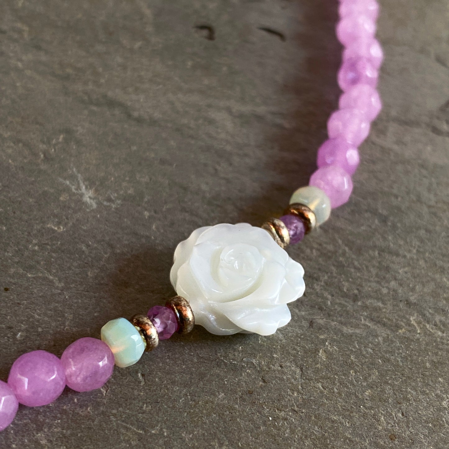 Women's Pink Agate, Opal Gemstone with Mother of Pearl Rose Choker necklace