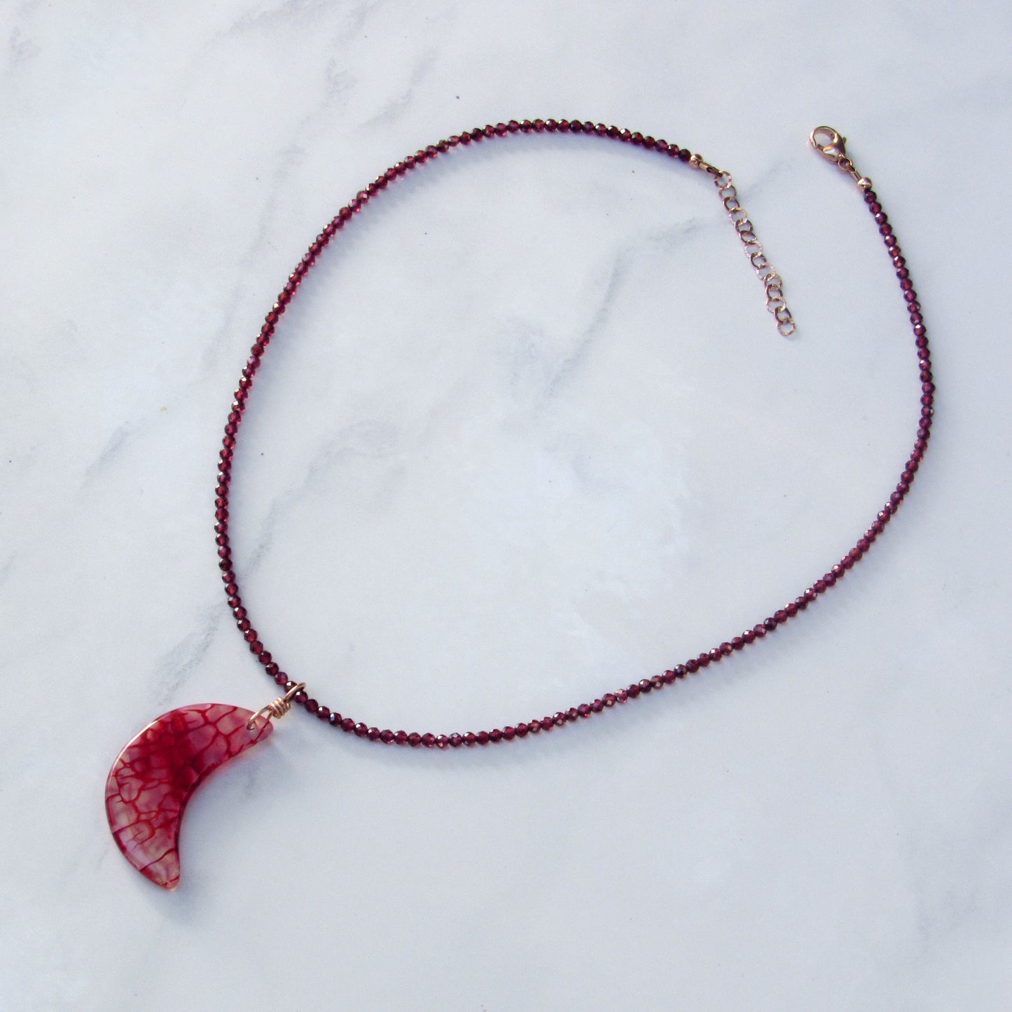 Dragon’s Vein’s Agate Moon Hand-wrapped Pendant w/ 14 Kt Rose Gold Filled on Garnets