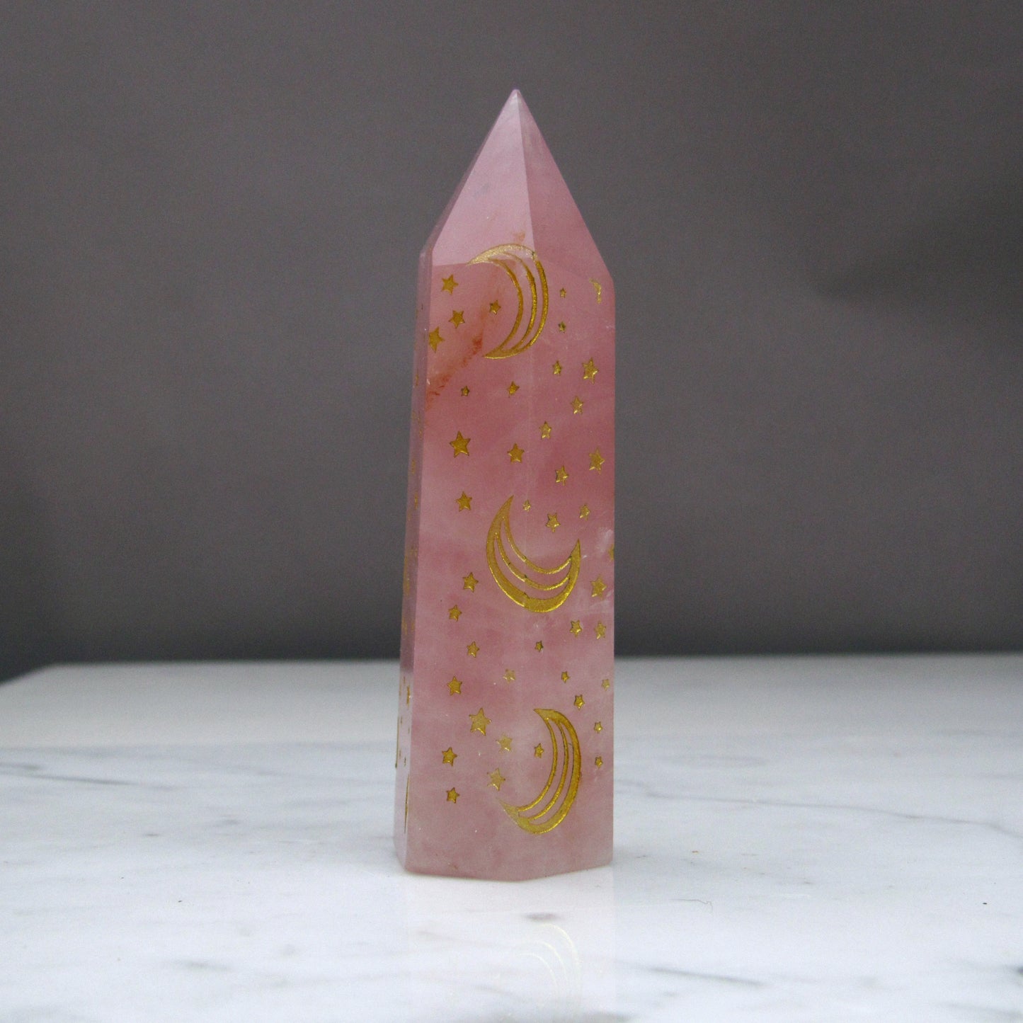 Rose Quartz gemstone healing wands with moons and star designs