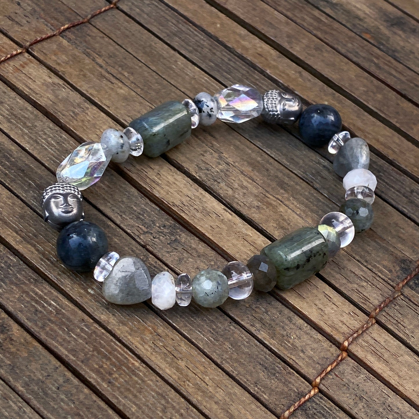 Women’s Clear Quartz, Labradorite and Hematite Buddha Gemstone beaded stretch Bracelet