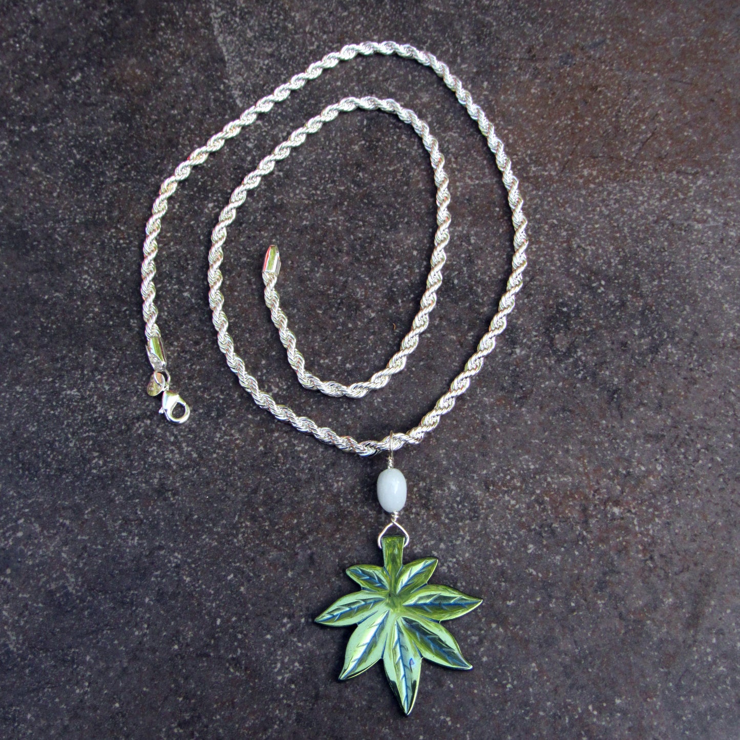 Sterling Silver Chain with Hematite Pot Leaf and Aquamarine gemstone accent