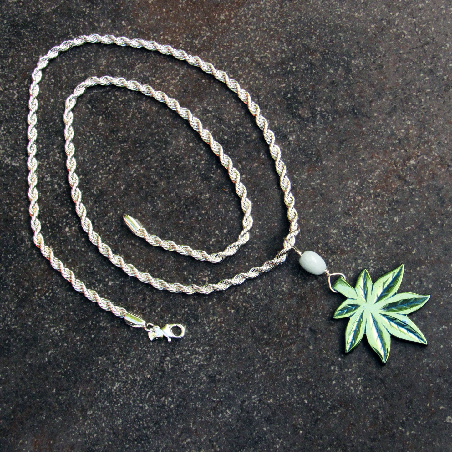 Sterling Silver Chain with Hematite Pot Leaf and Aquamarine gemstone accent
