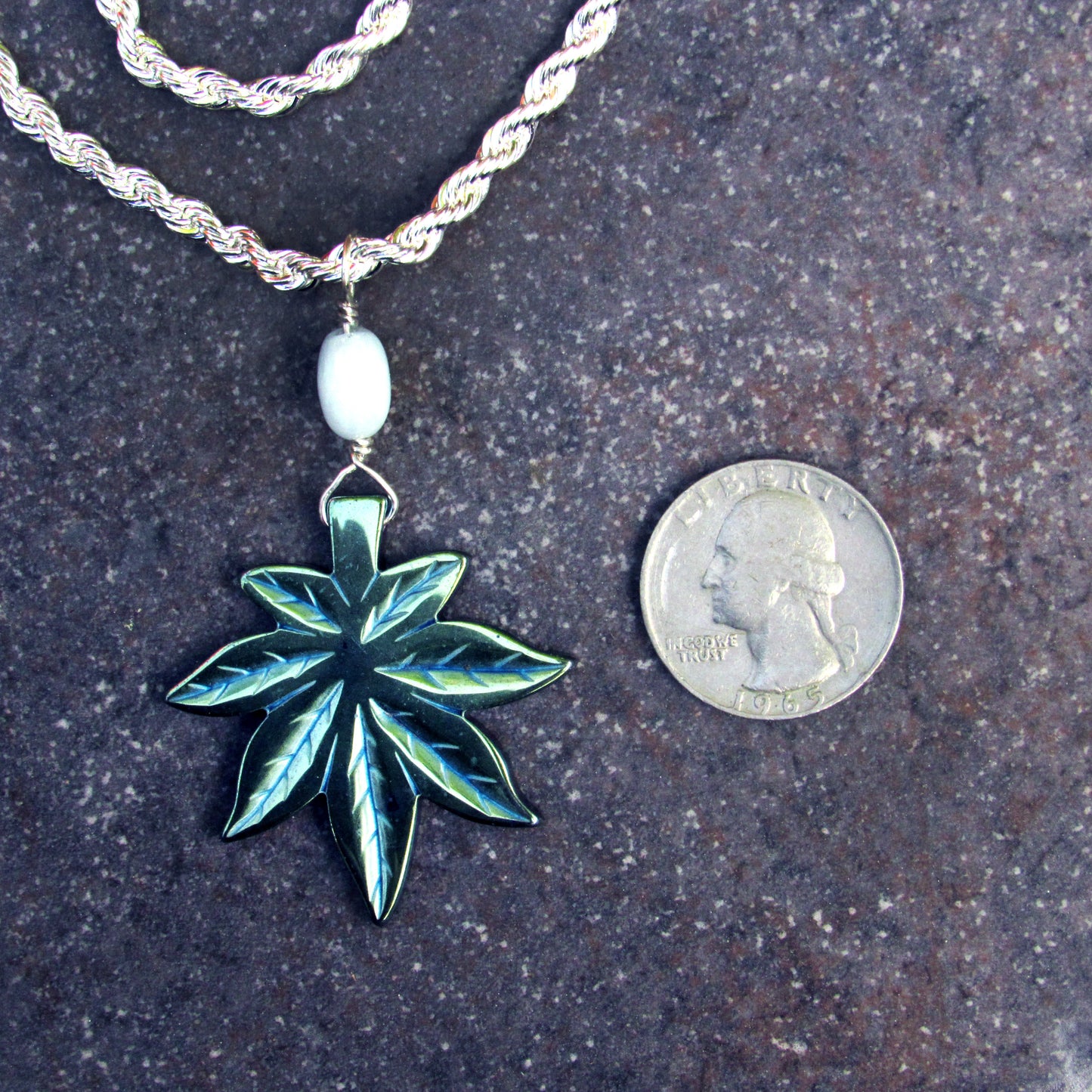 Sterling Silver Chain with Hematite Pot Leaf and Aquamarine gemstone accent