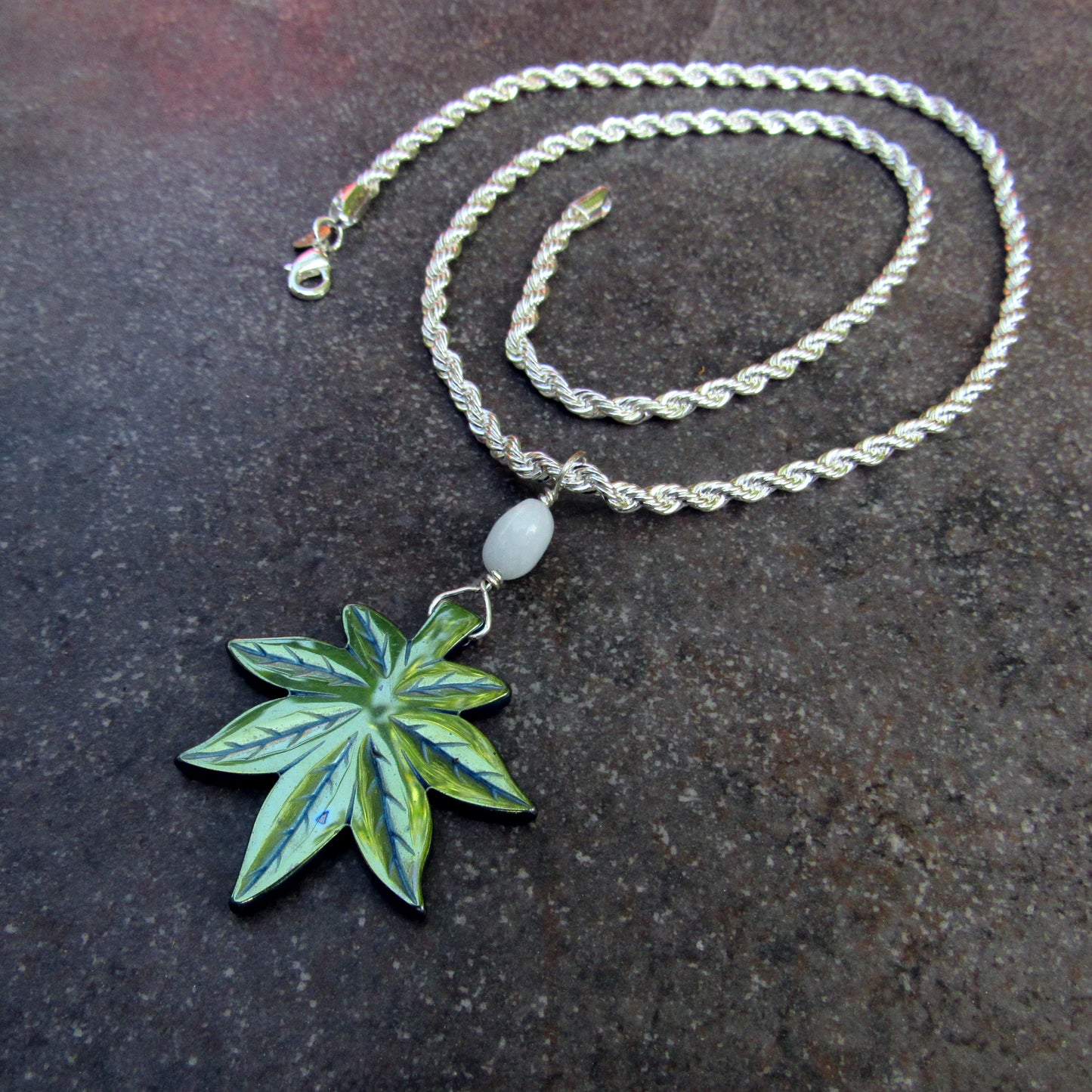 Sterling Silver Chain with Hematite Pot Leaf and Aquamarine gemstone accent
