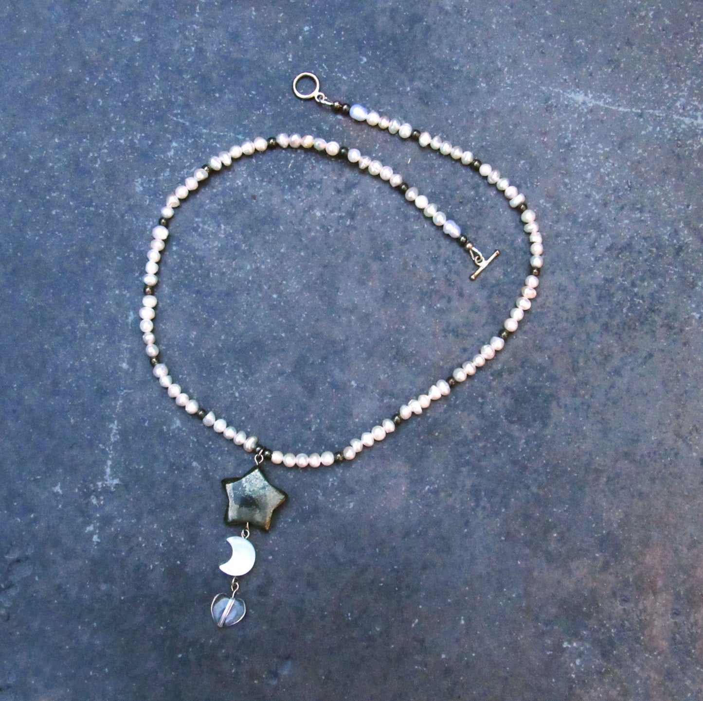Pyrite Star, Mother of Pearl Moon, Clear Quartz Heart gemstone Necklace