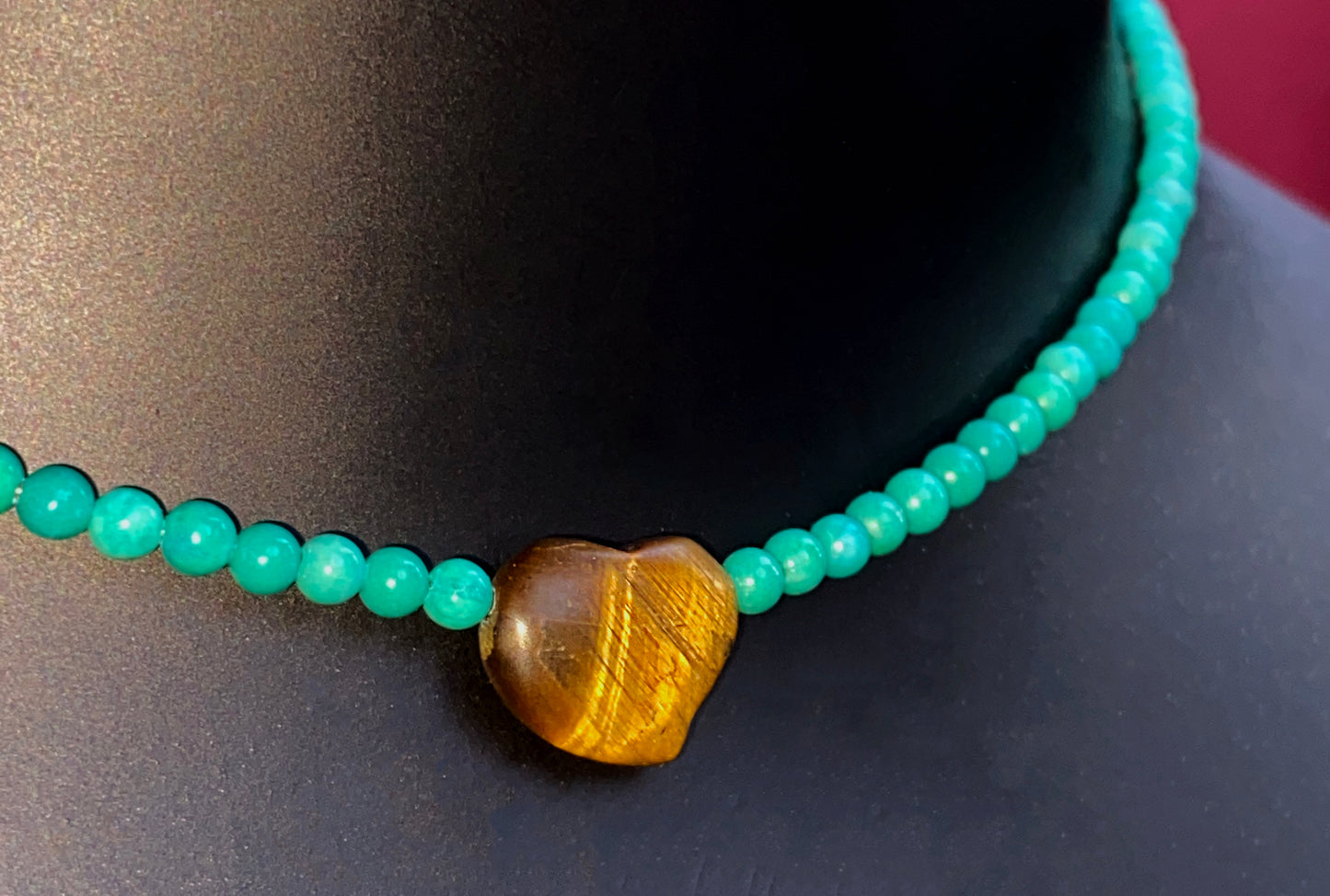 Women's Tiger Eye heart Pink Opal or Turquoise Gemstone beaded Necklace
