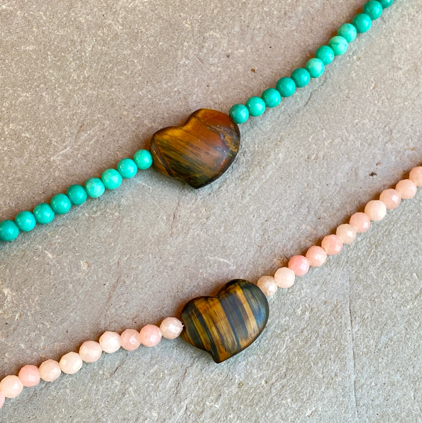 Women's Tiger Eye heart Pink Opal or Turquoise Gemstone beaded Necklace