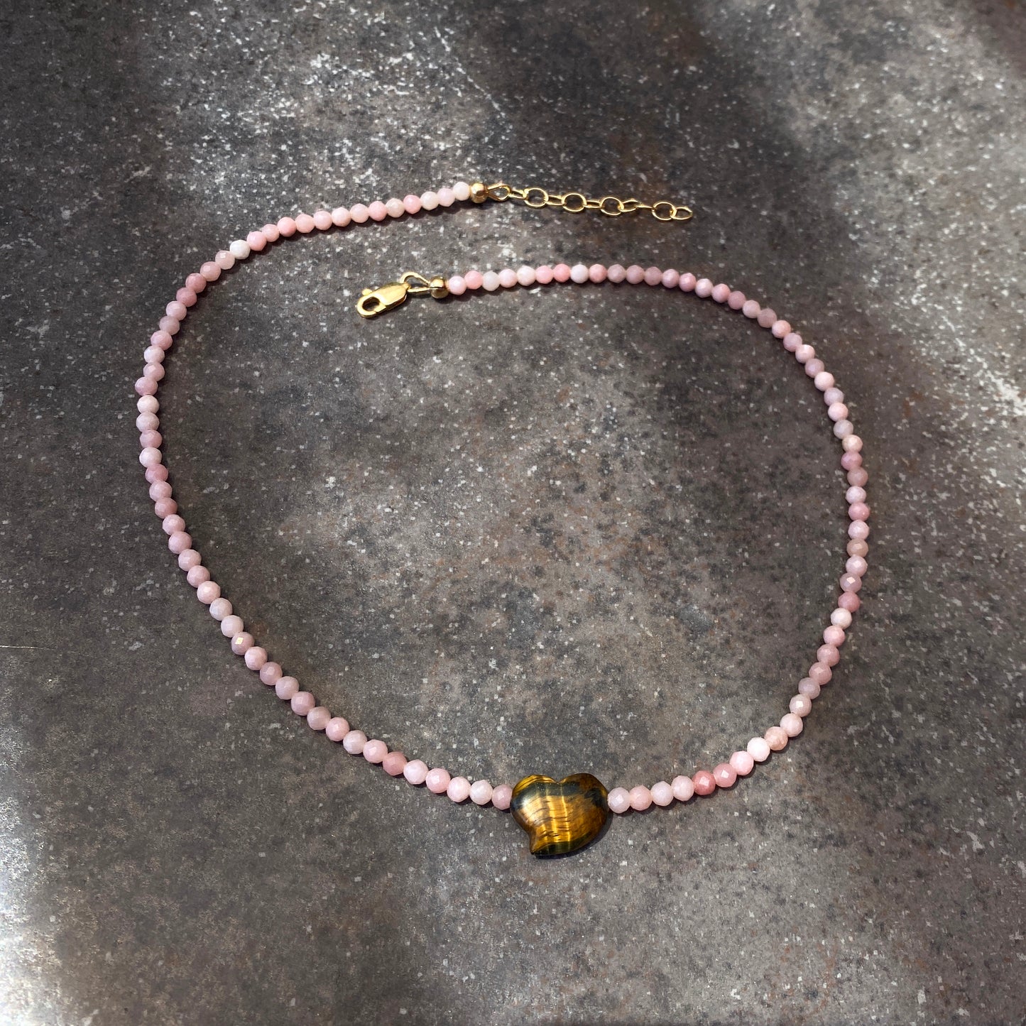 Women's Tiger Eye heart Pink Opal or Turquoise Gemstone beaded Necklace