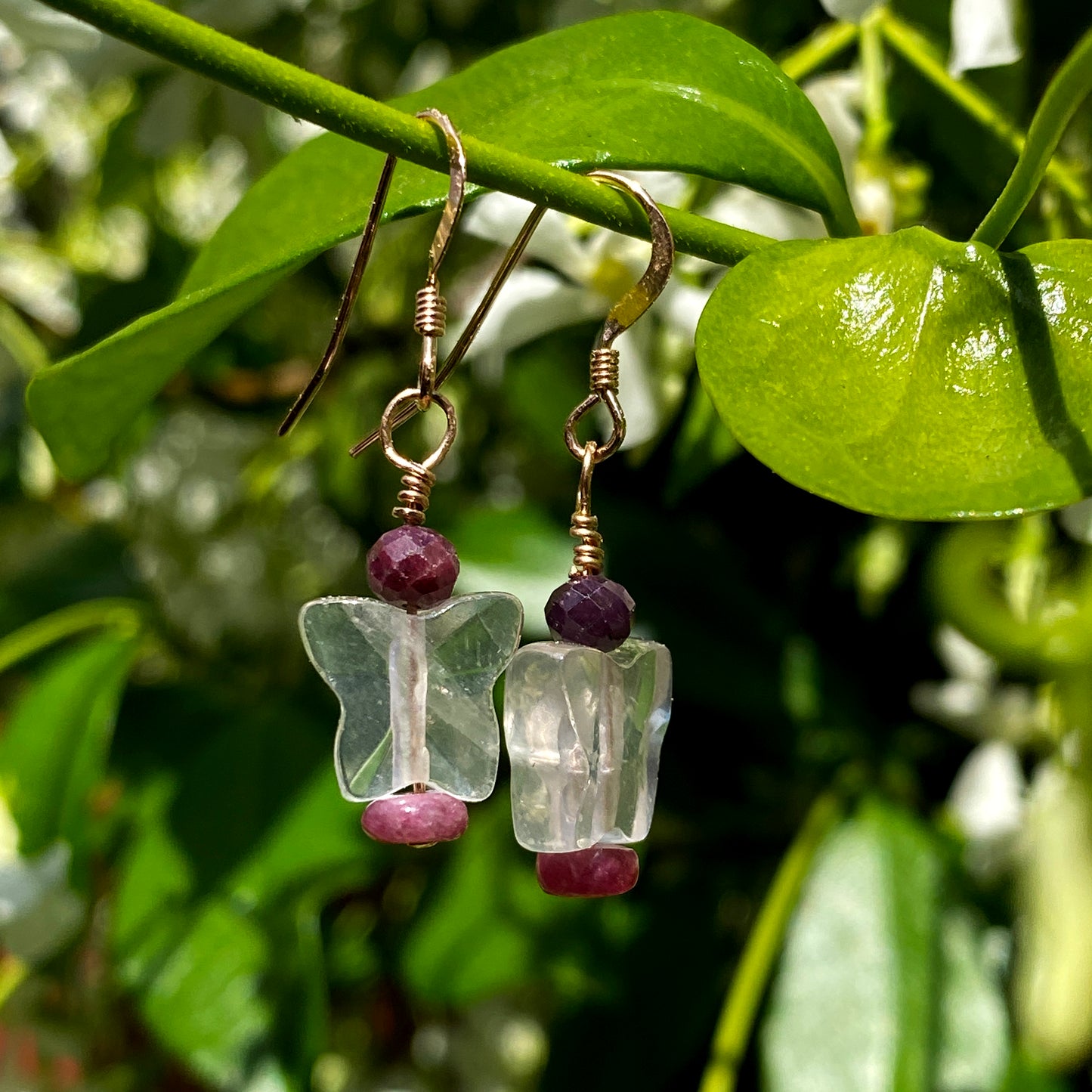 Precious ruby, Rose Quartz butterfly & Pink Tourmaline, 14 kt rose gold drop earrings.