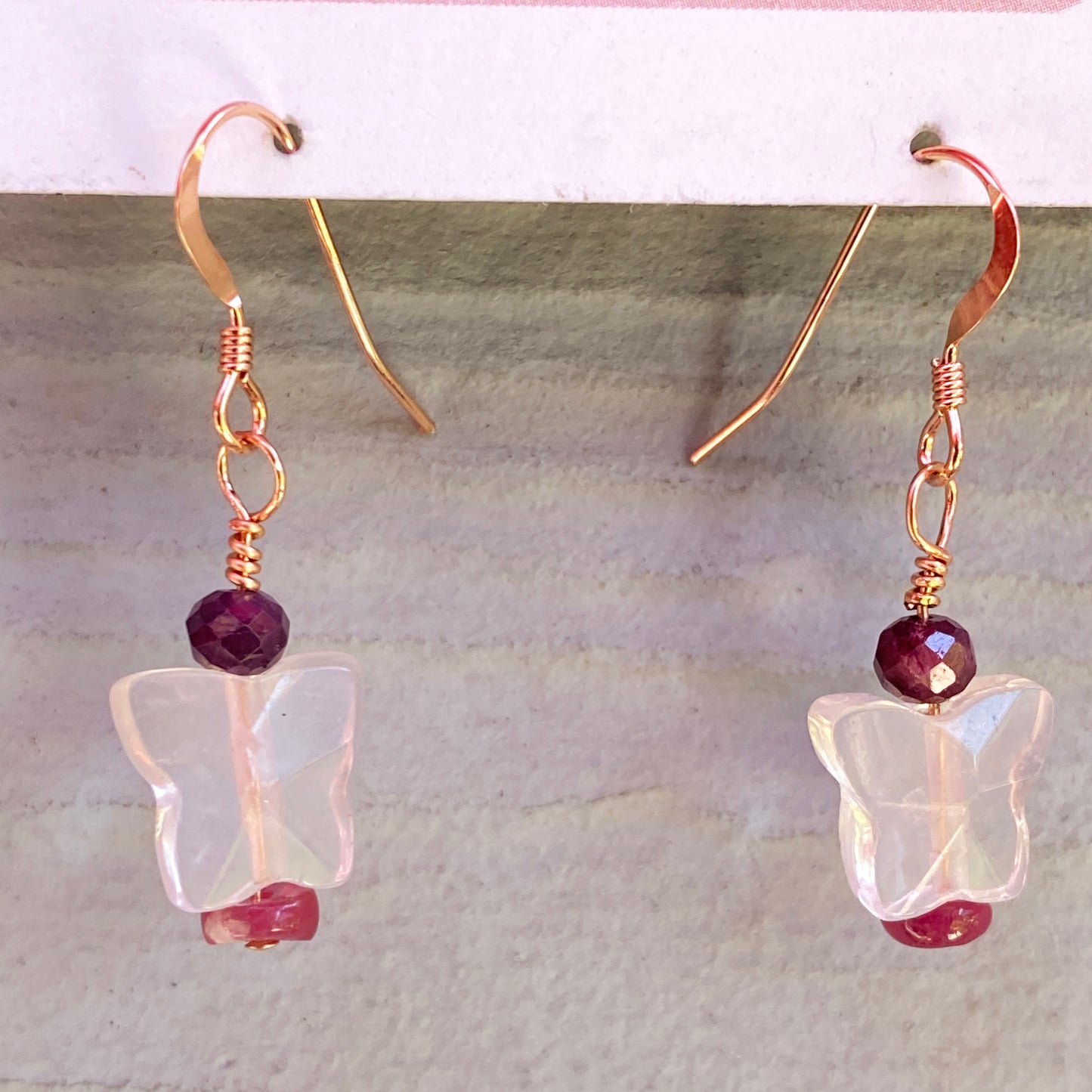 Precious ruby, Rose Quartz butterfly & Pink Tourmaline, 14 kt rose gold drop earrings.