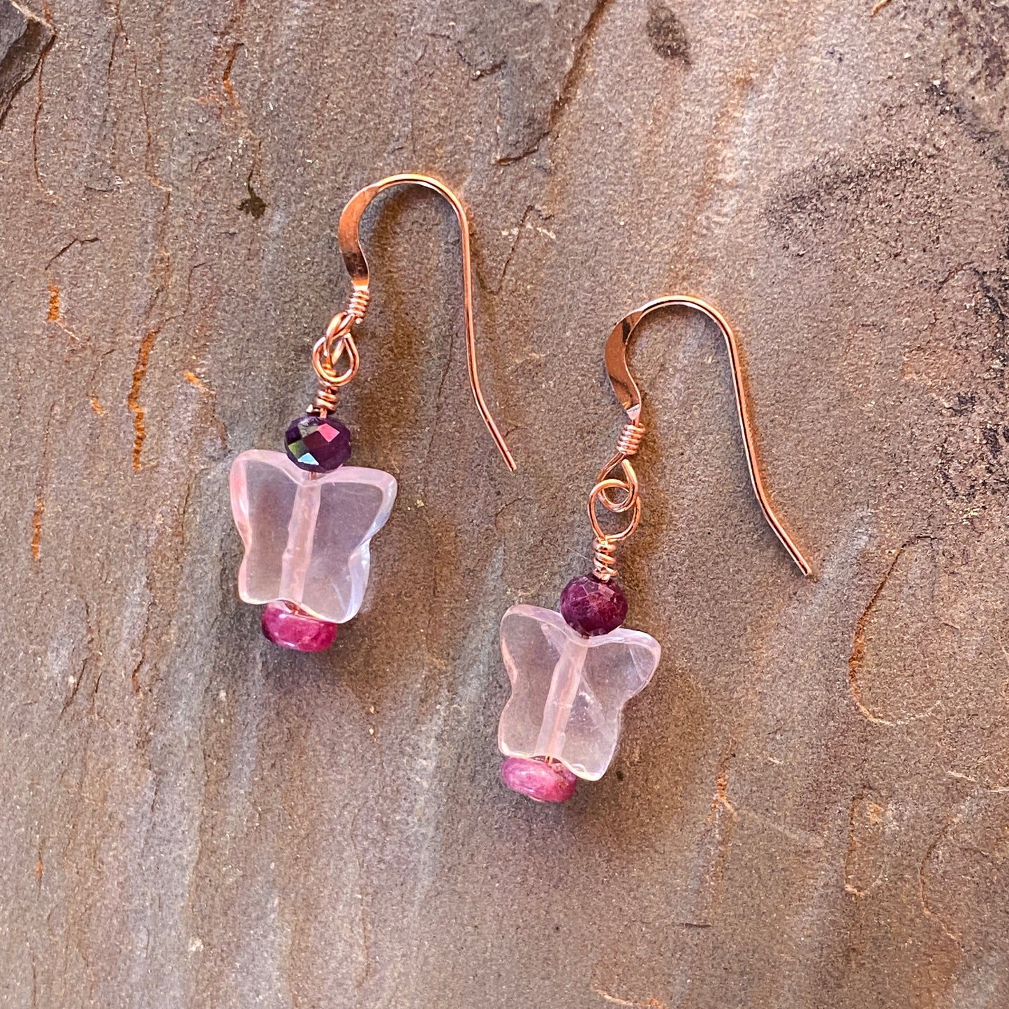 Precious ruby, Rose Quartz butterfly & Pink Tourmaline, 14 kt rose gold drop earrings.
