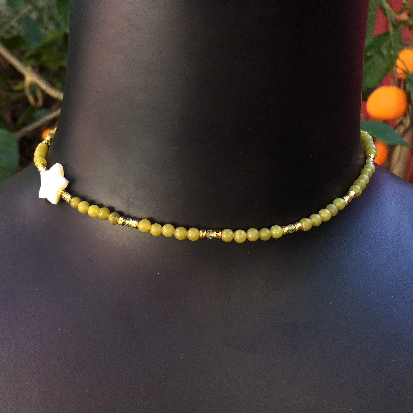 Women's Olive Jade Gemstone with Mother of Pearl Star Choker Necklace
