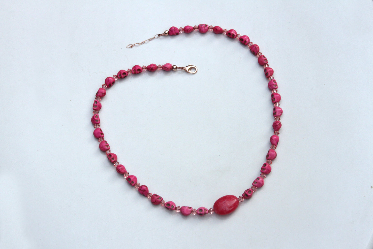 Women's Pink Magnesite Skulls with Pink Jade Gemstone Necklace