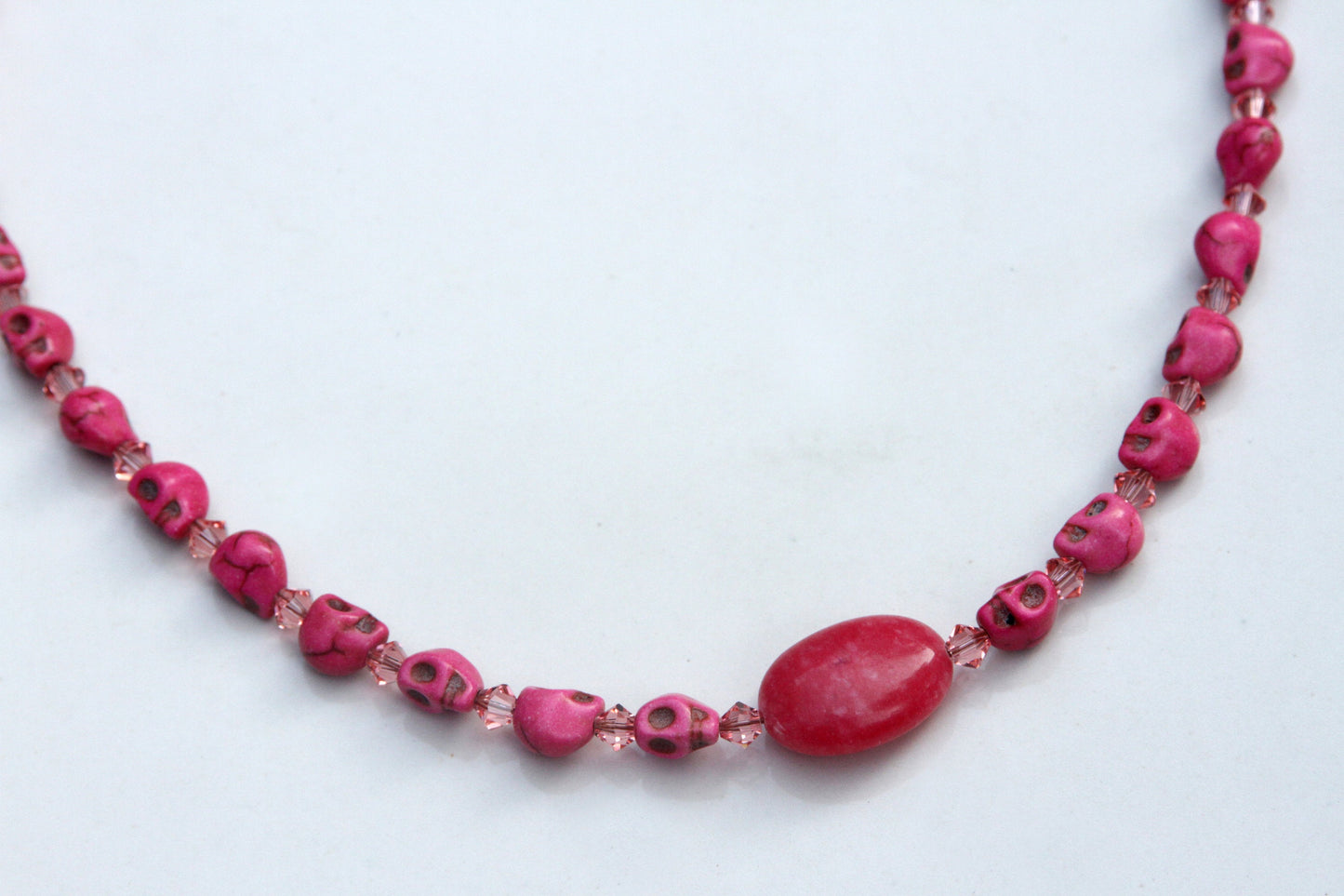 Women's Pink Magnesite Skulls with Pink Jade Gemstone Necklace