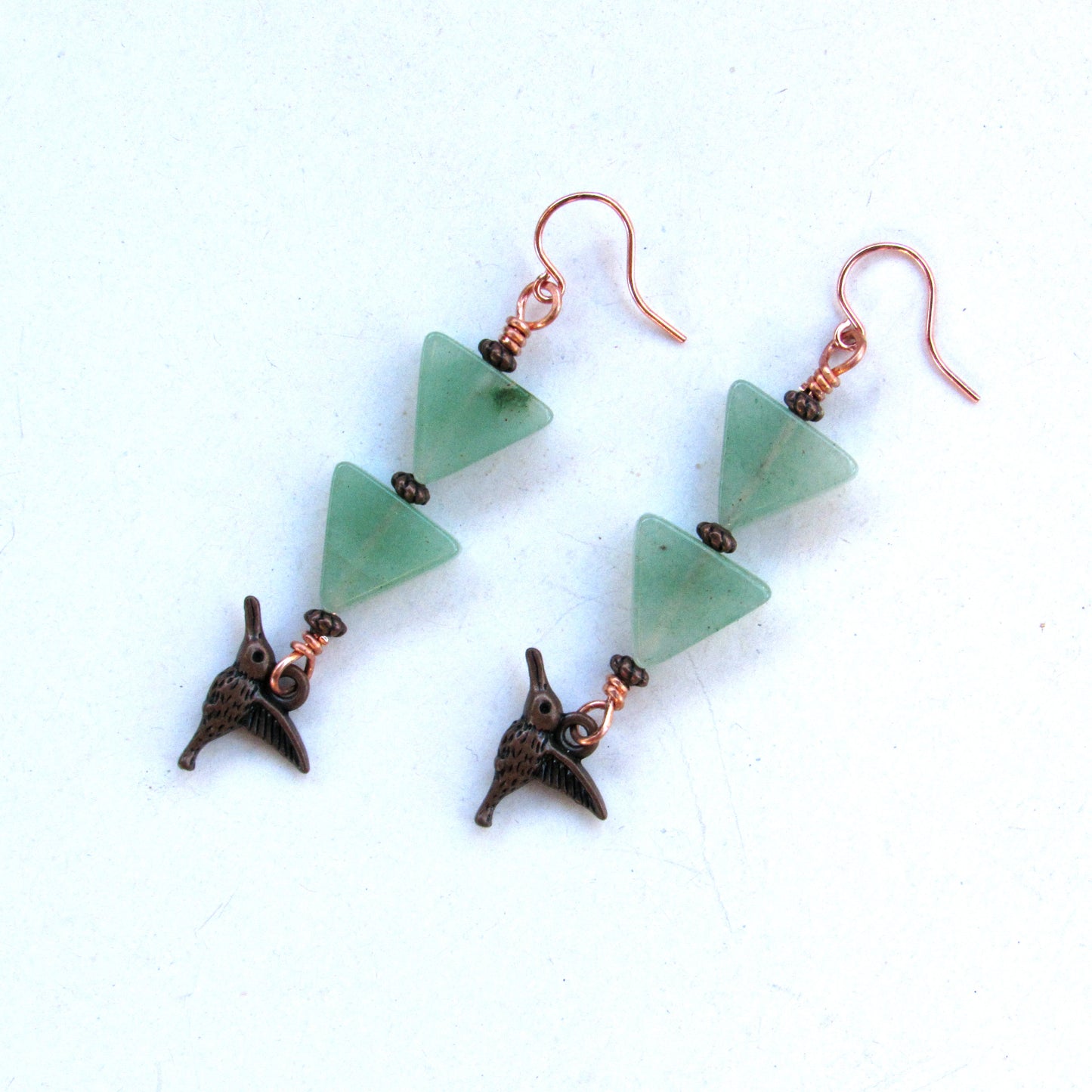 Green Aventurine gemstone Copper Hummingbird Drop Earrings