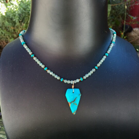 Blue Agate Bronzite pendant with Apatite, Hematite & Turquoise Gemstones