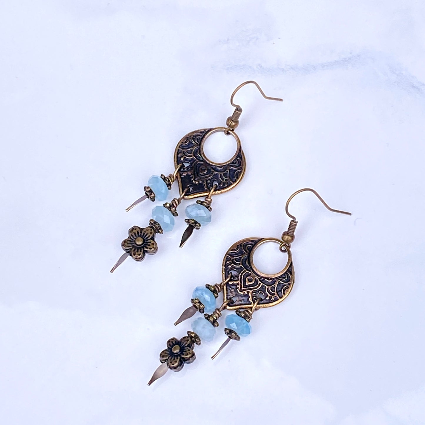Aquamarine gemstone and brassChandelier Earrings