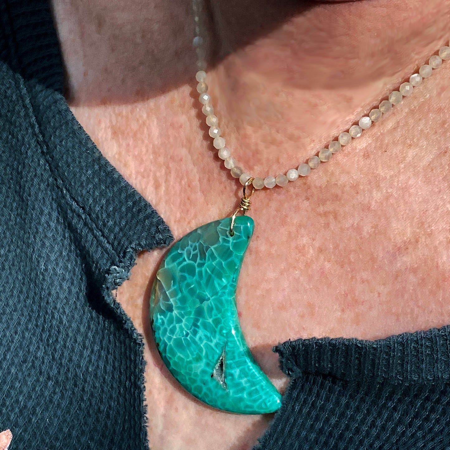 Agate Moon and moonstone Gemstone necklace with 14 kt gold fill chain