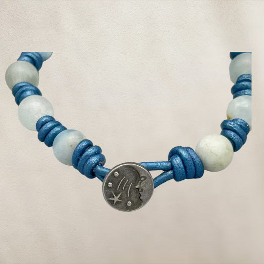 Aquamarine gemstone knotted Leather Bracelet