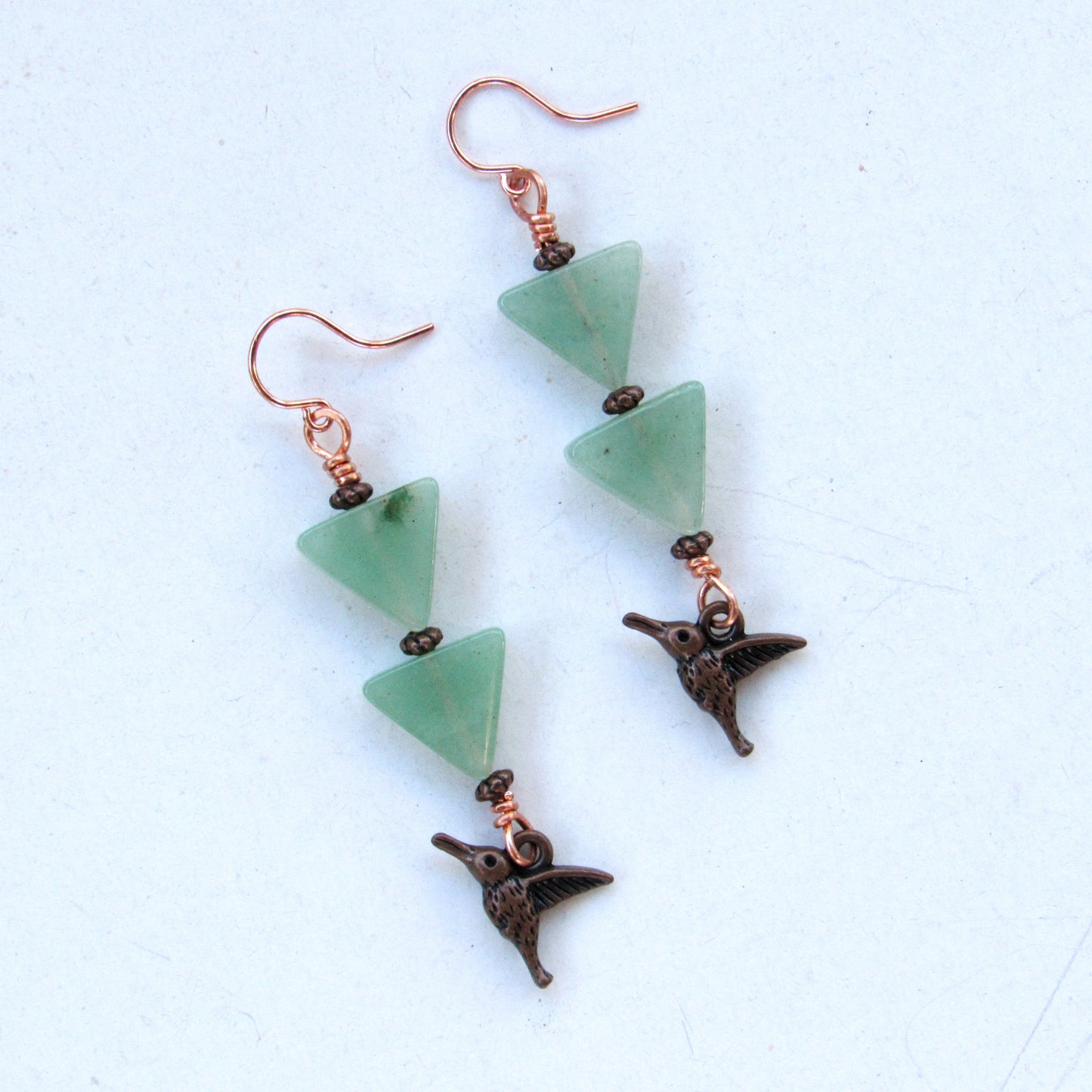 Green Aventurine gemstone Copper Hummingbird Drop Earrings