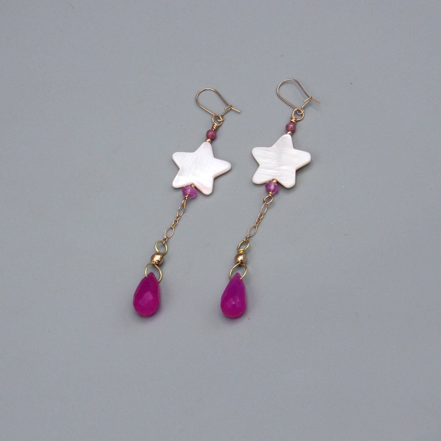 Pink Star Mother of Pearl, Pink Topaz, Pink Jade, Pink Tourmaline, 14 kt Rose GF Earrings