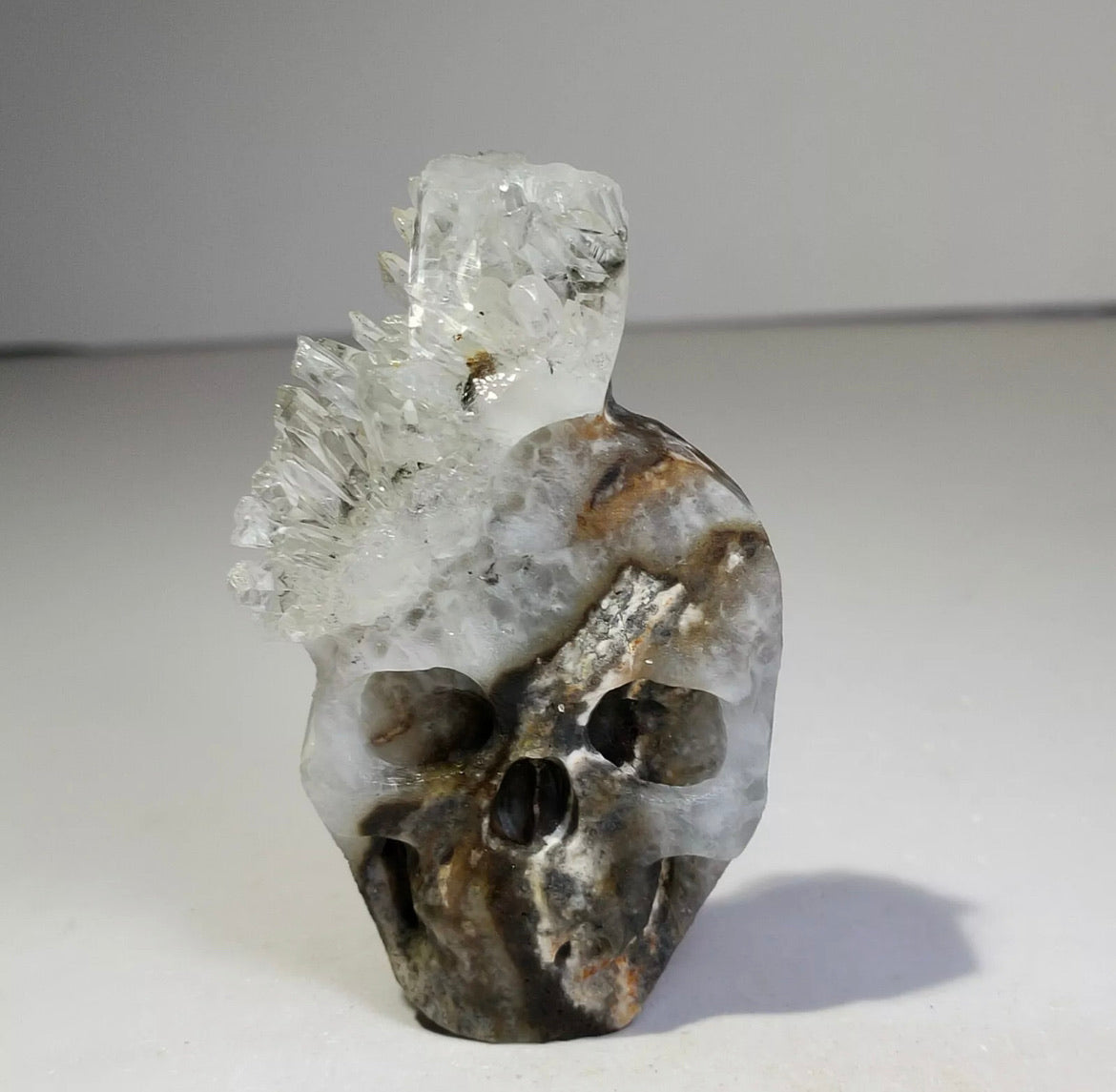 Natural crystal, quartz cluster, mineral specimen, hand carved, skull