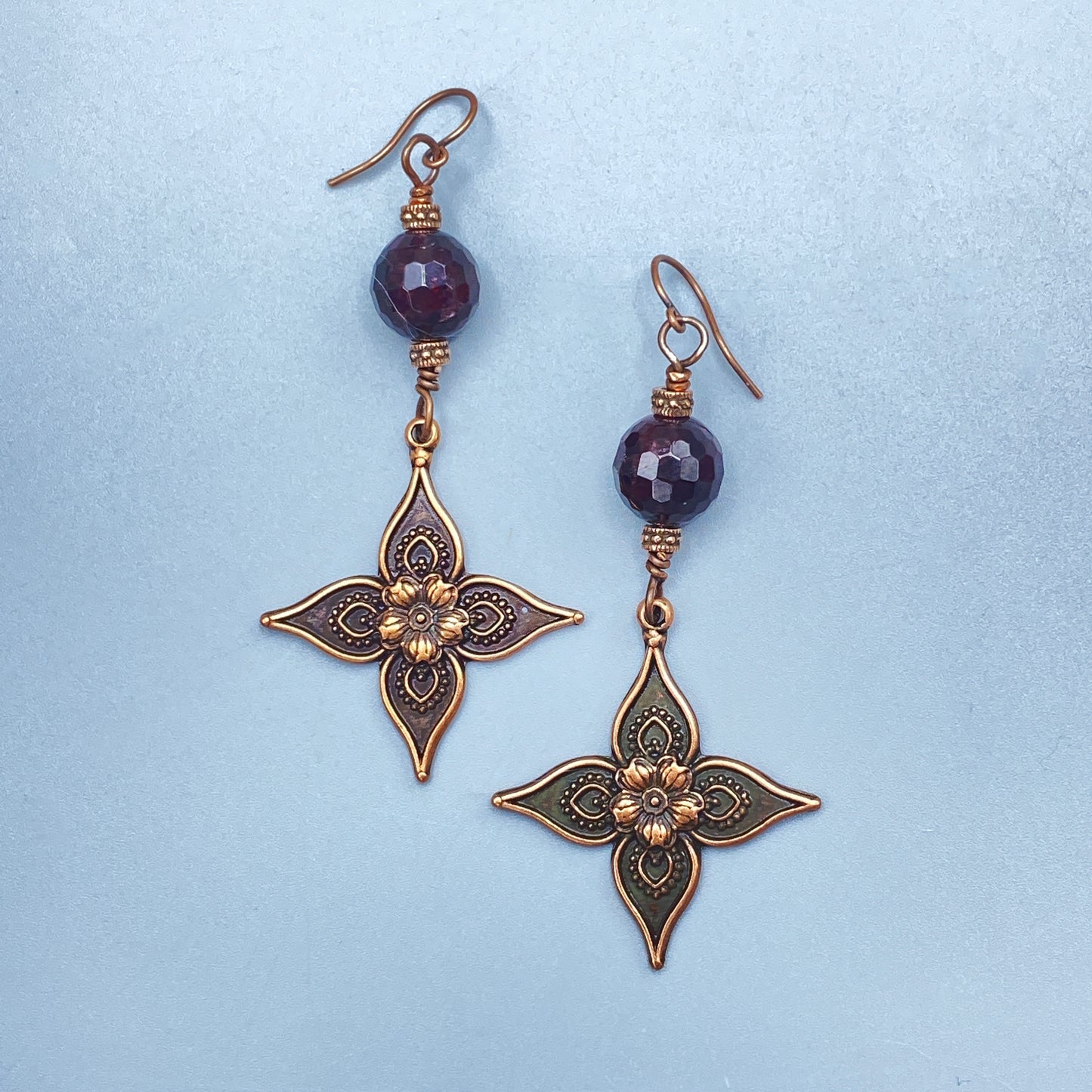 Garnet and Copper Lily Dangle Earrings