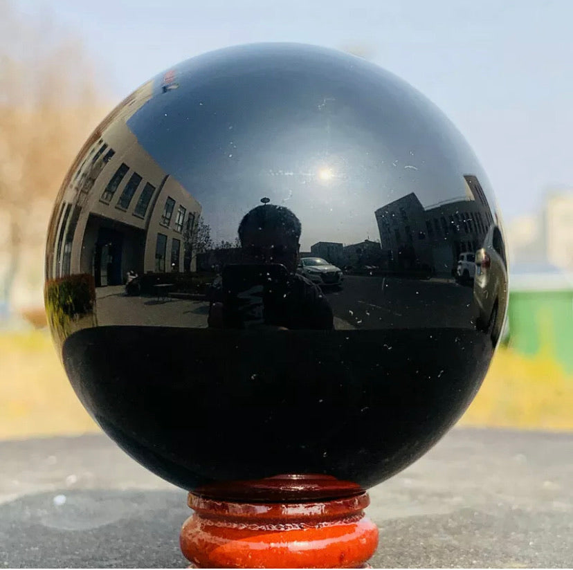 Natural Black Obsidian Sphere Healing Stone + Free Stand