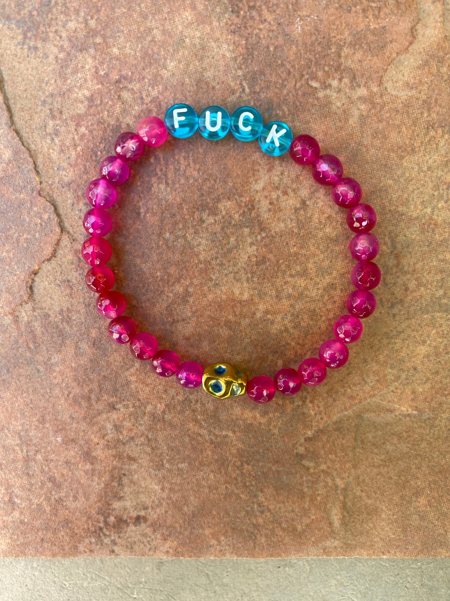 Women’s Pink Agate and Hematite Skull Gemstone "Curse" Stretch Bracelet