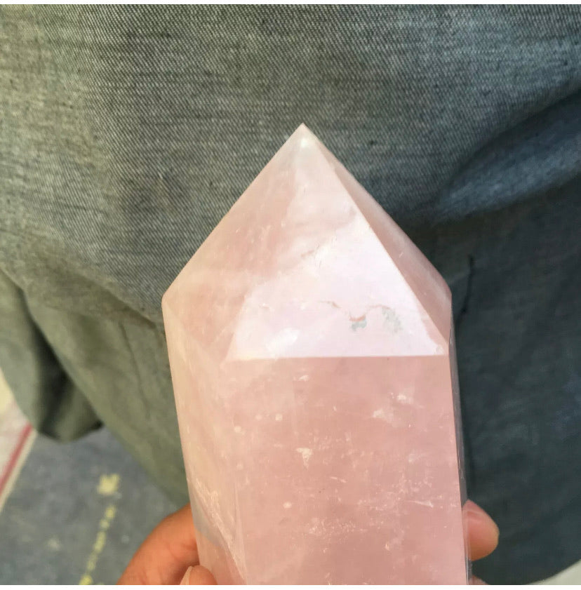 Natural pink rose quartz gemstone crystal tower point obelisk