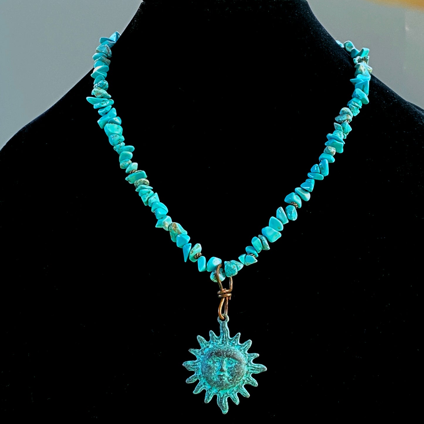 Natural Turquoise gemstone and copper Sun pendant beaded necklace