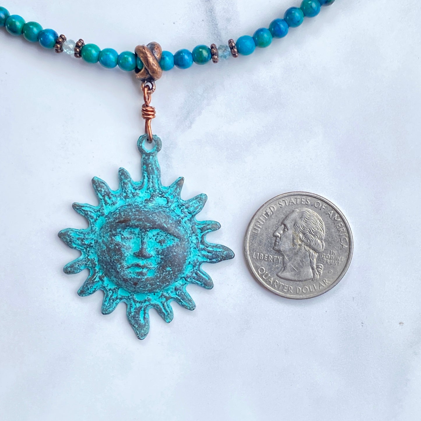 Natural Turquoise gemstone and copper Sun pendant beaded necklace
