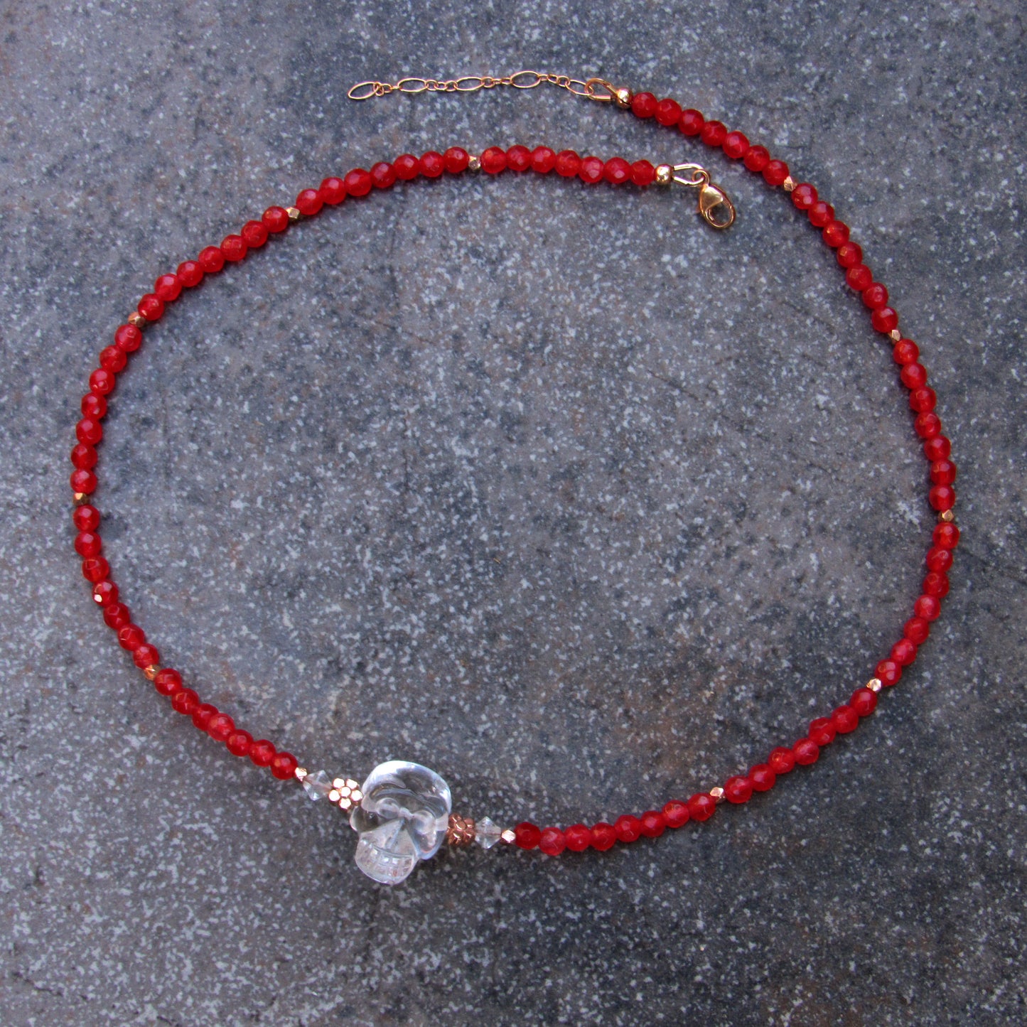 Red agate gemstones, Clear Quartz, 18 kt Rose gold vermeil over sterling silver flowers beaded choker