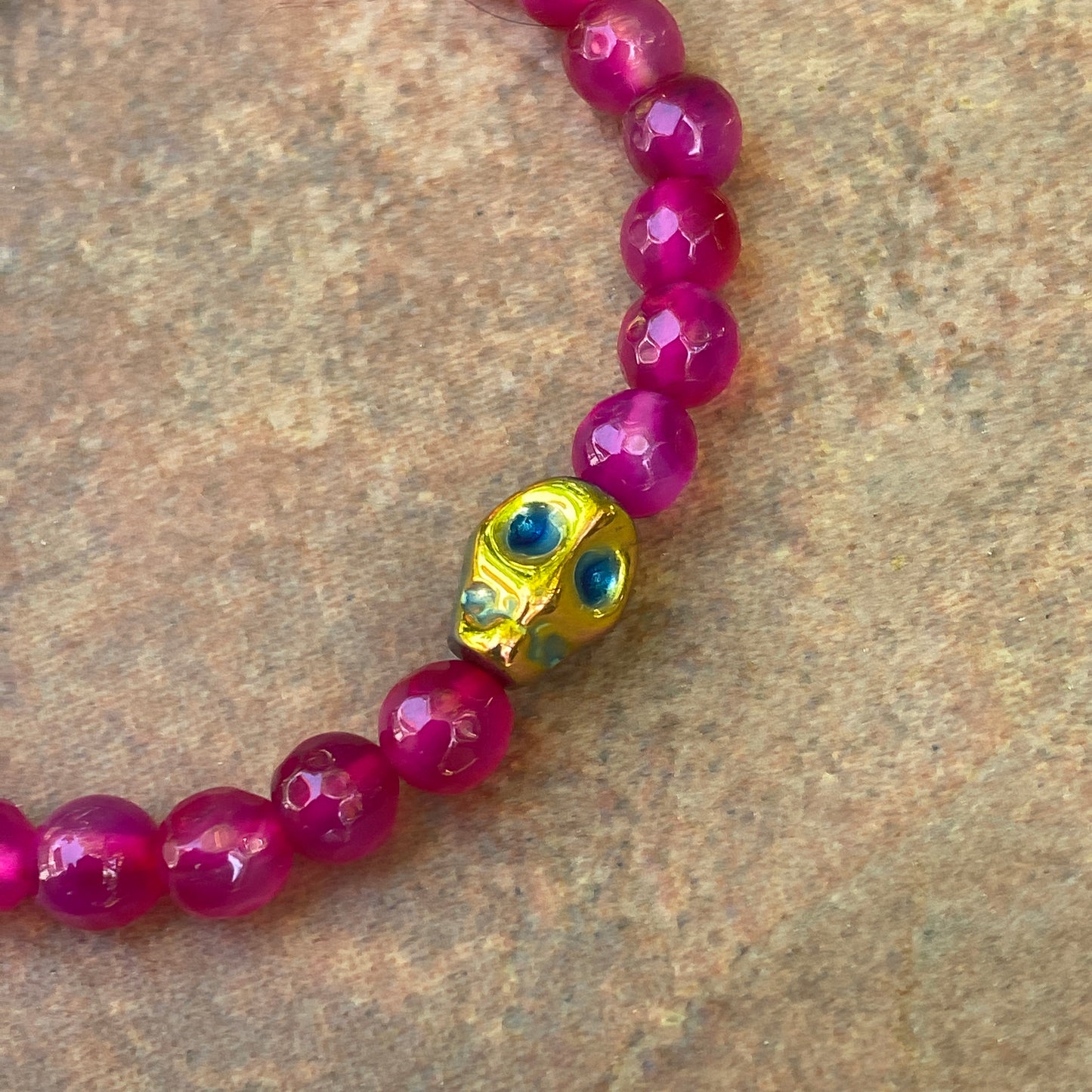 Women’s Pink Agate and Hematite Skull Gemstone "Curse" Stretch Bracelet