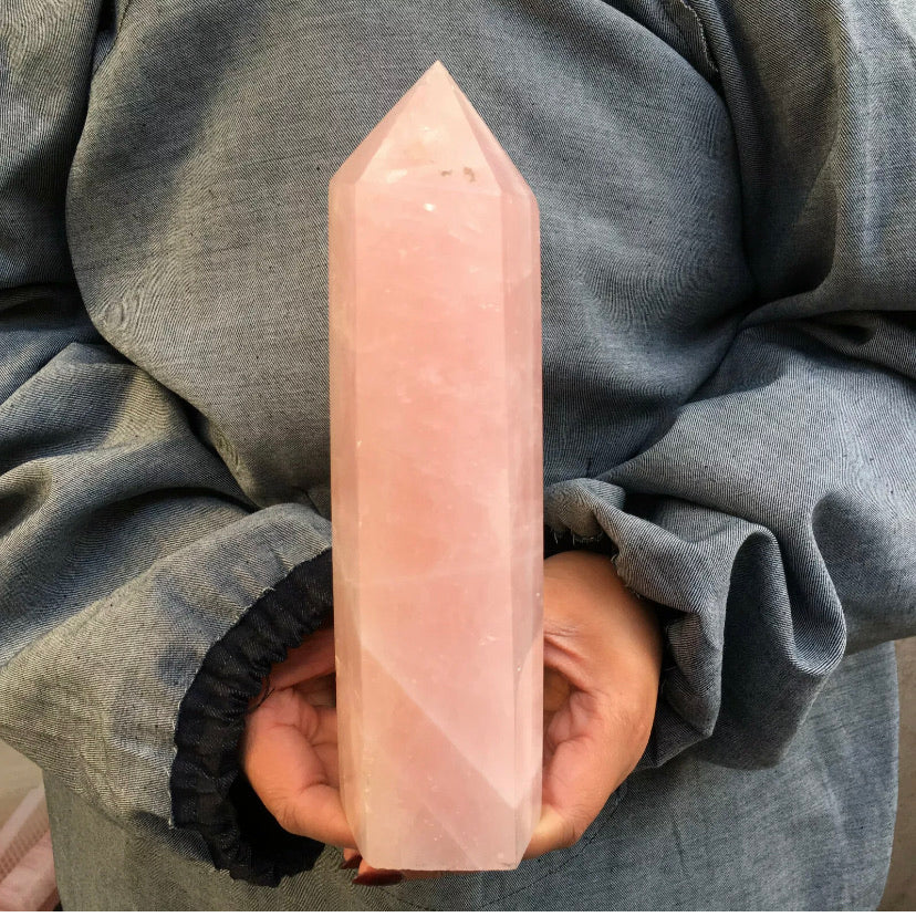 Natural pink rose quartz gemstone crystal tower point obelisk