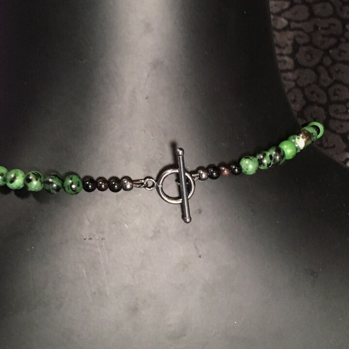 Men’s Ruby Zoisite, Garnet & Onyx Necklace with Howlite skull.