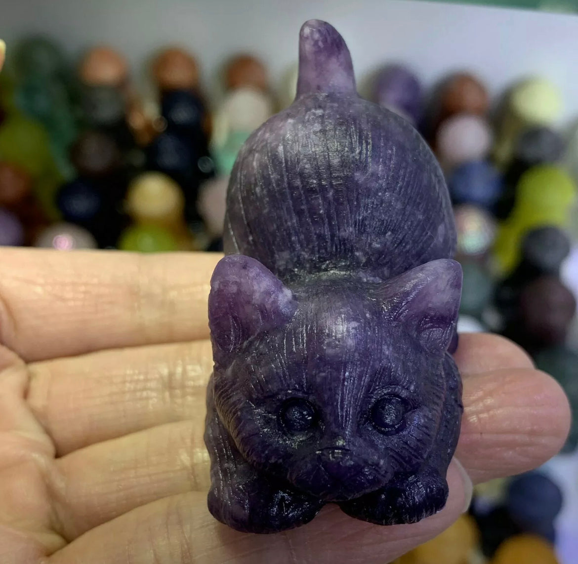Natural Lilac Stone aka Lepidolite gemstone Kitty cat crystal figurine