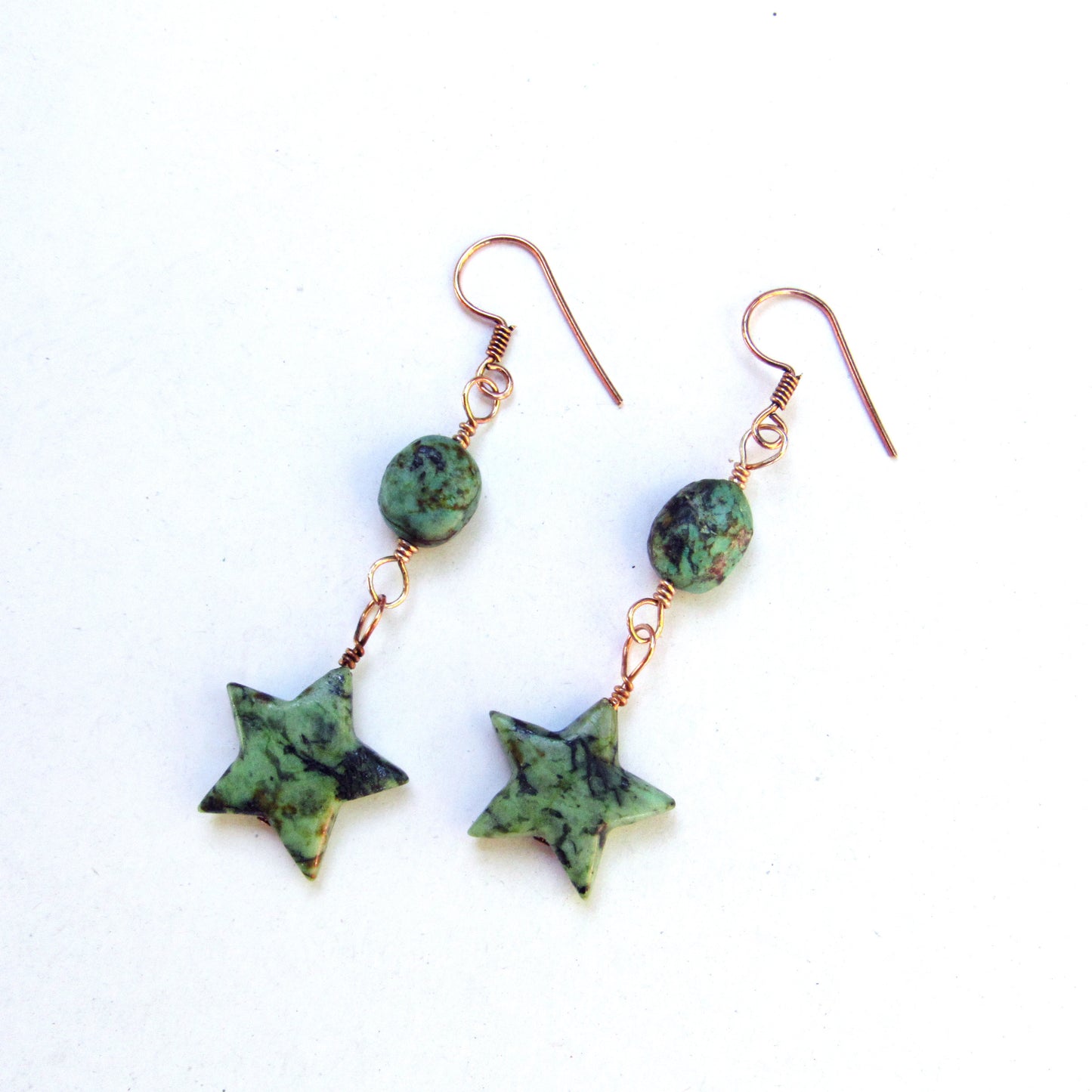 African Turquoise gemstone stars hand wrapped on Copper Drop Earrings