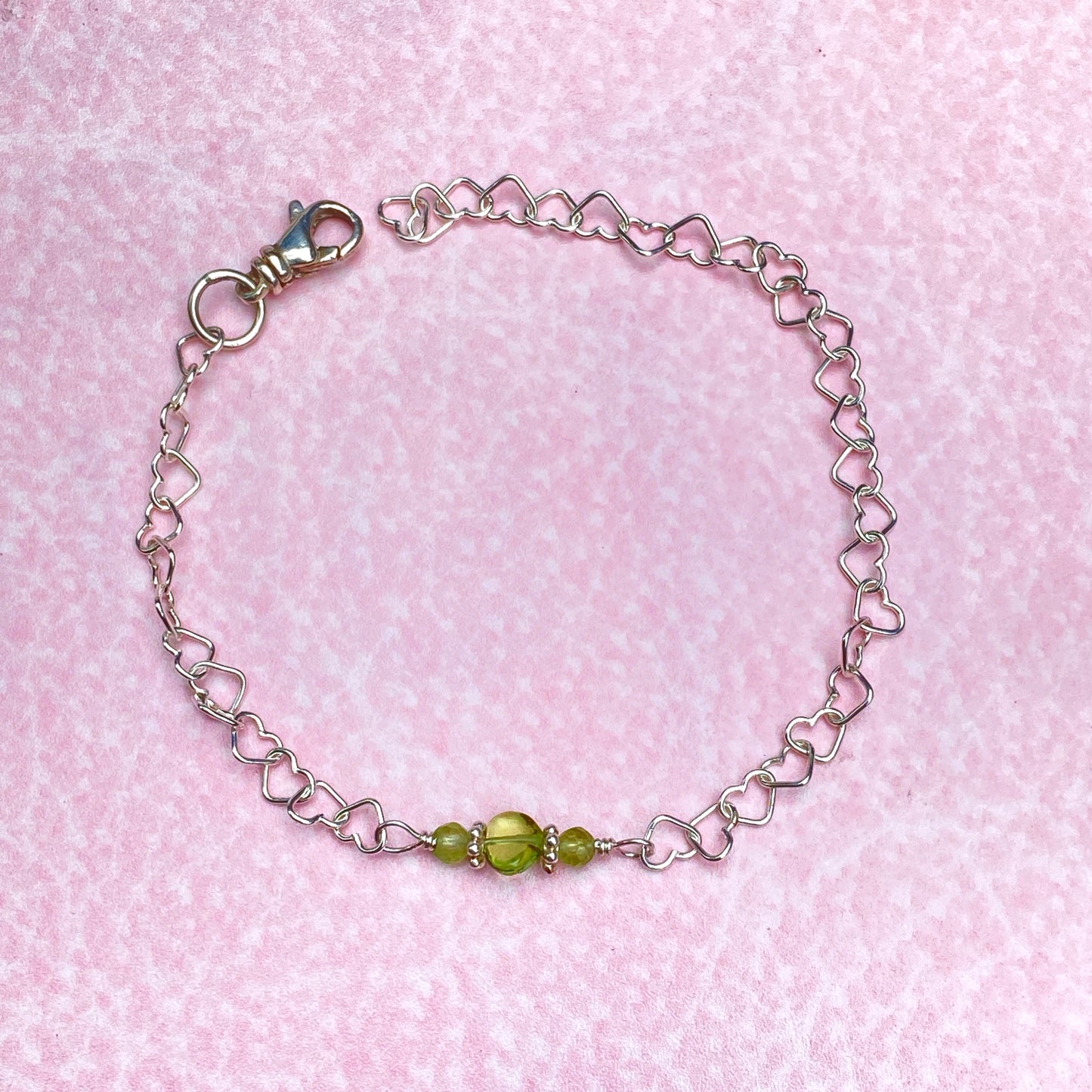 Peridot gemstone heart and silver heart chain bracelet with clasp