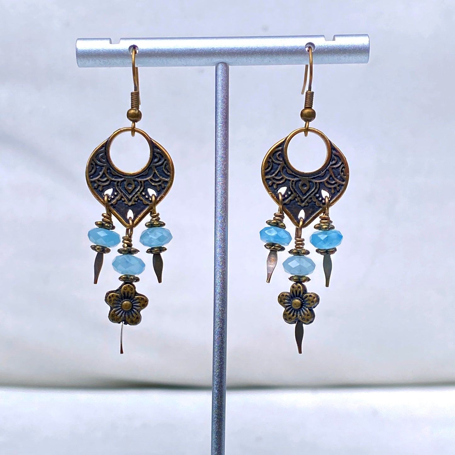 Aquamarine gemstone and brassChandelier Earrings