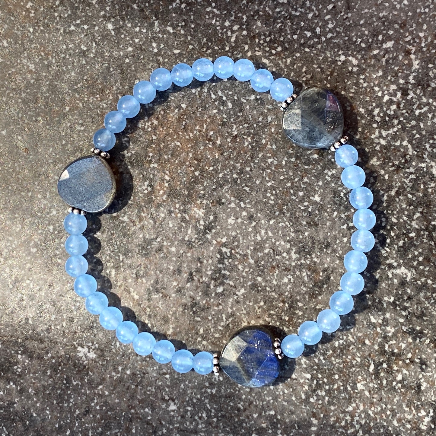 Women's Labradorite hearts, blue Chalcedony Sterling Silver stretch bracelet
