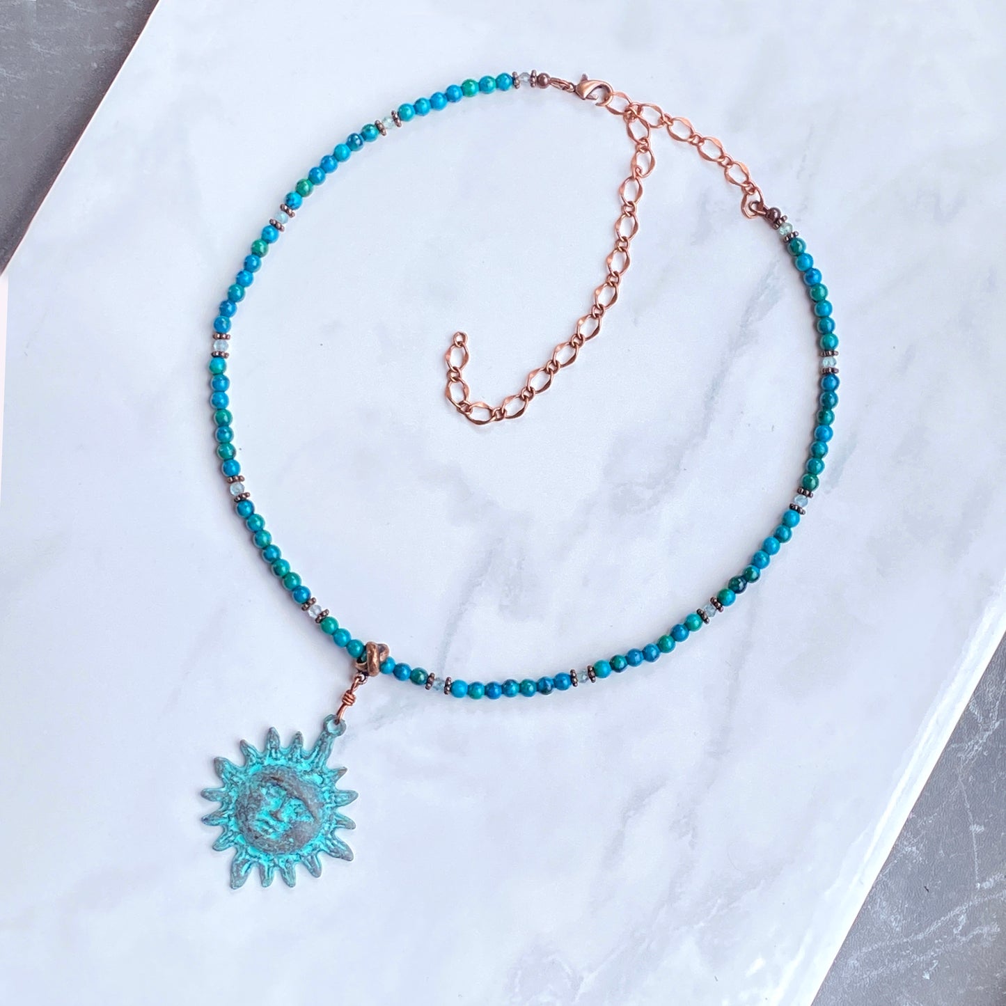 Natural Turquoise gemstone and copper Sun pendant beaded necklace