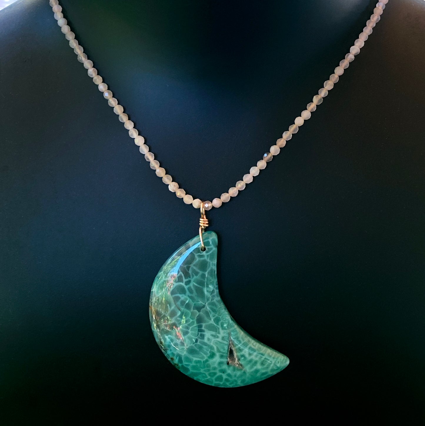 Agate Moon and moonstone Gemstone necklace with 14 kt gold fill chain