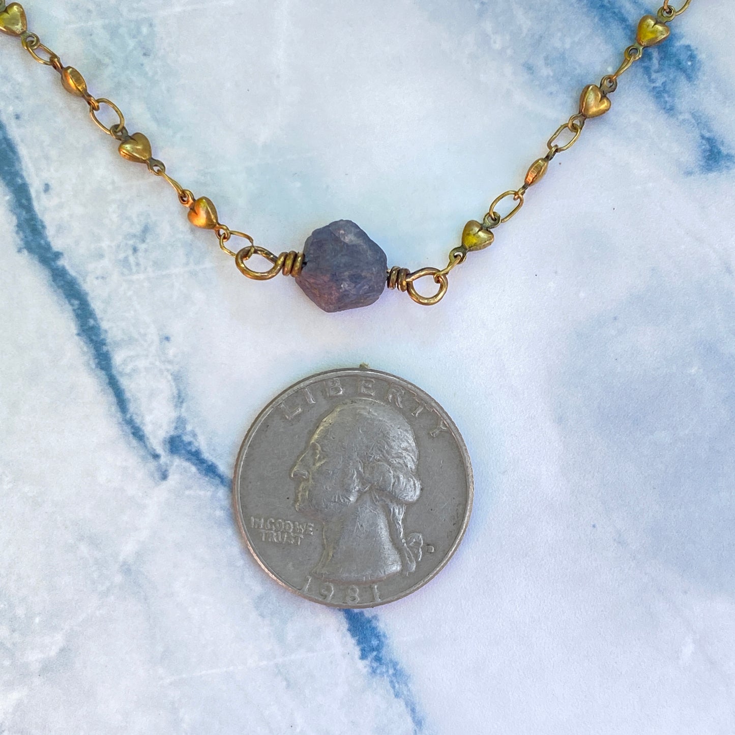 Raw Blue Sapphire gemstone on Brass Heart Chain Necklace