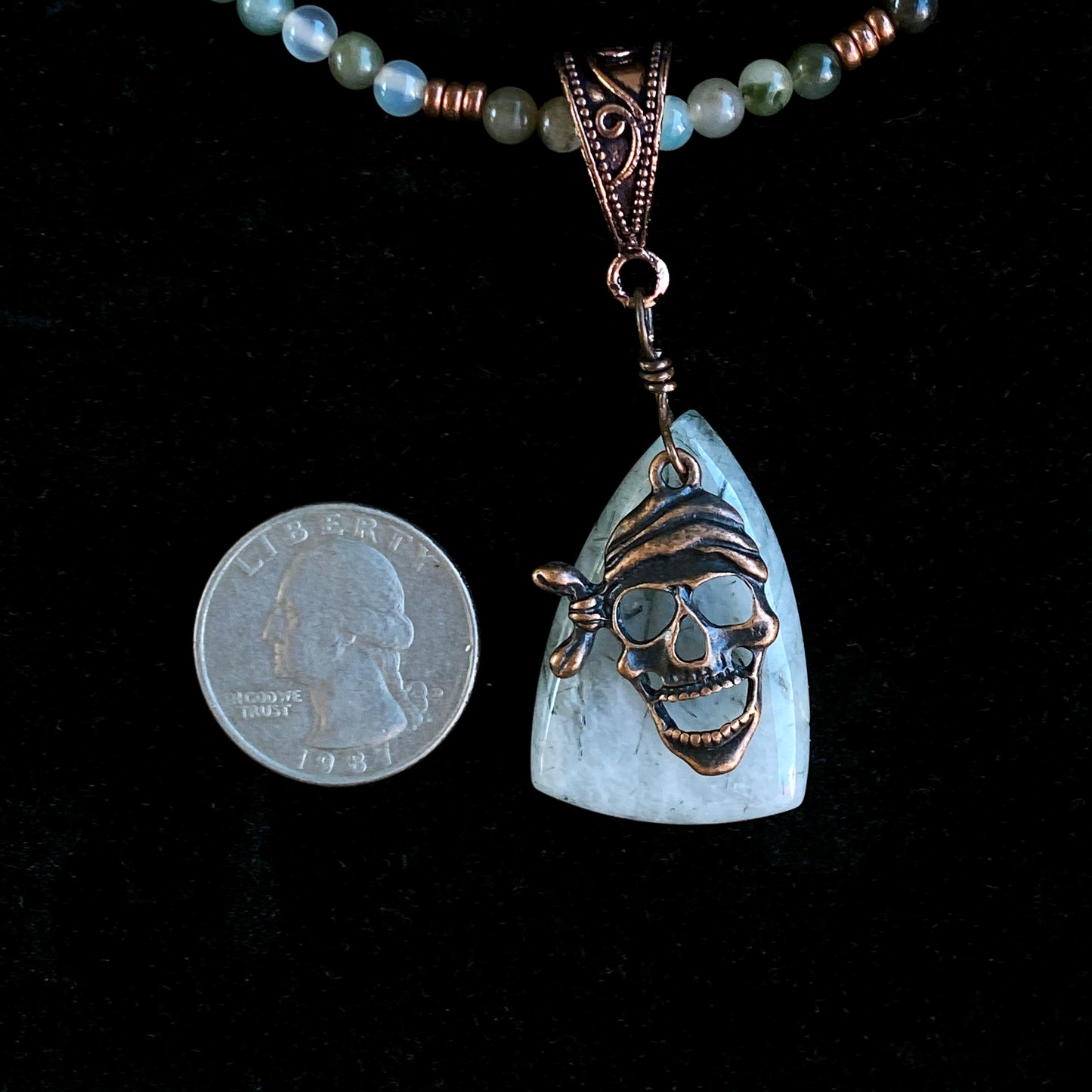 Prehnite gemstone with Copper Pirate Skull pendant necklace