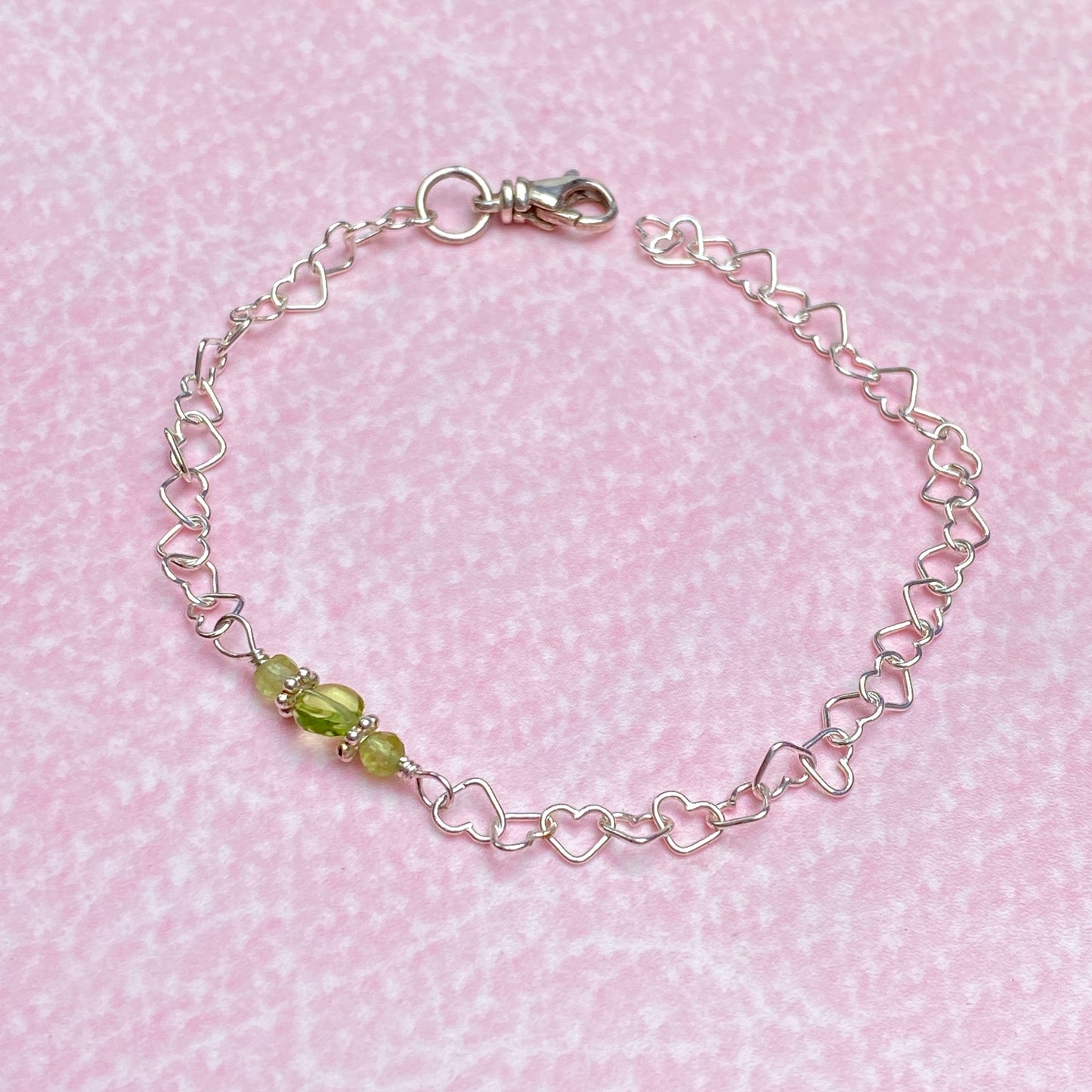 Peridot gemstone heart and silver heart chain bracelet with clasp