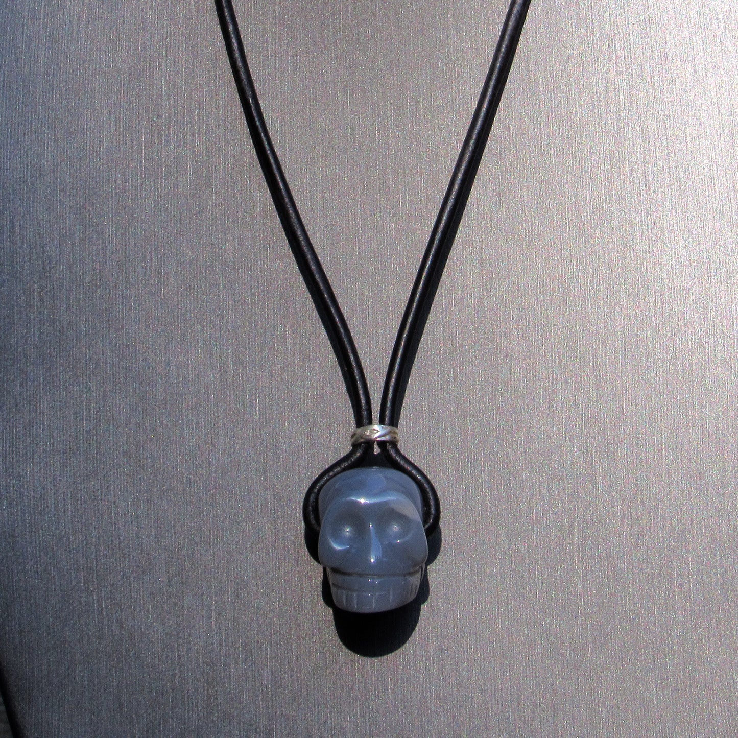 Genuine Gemstone Skull with Sterling Silver on genuine Leather Necklace
