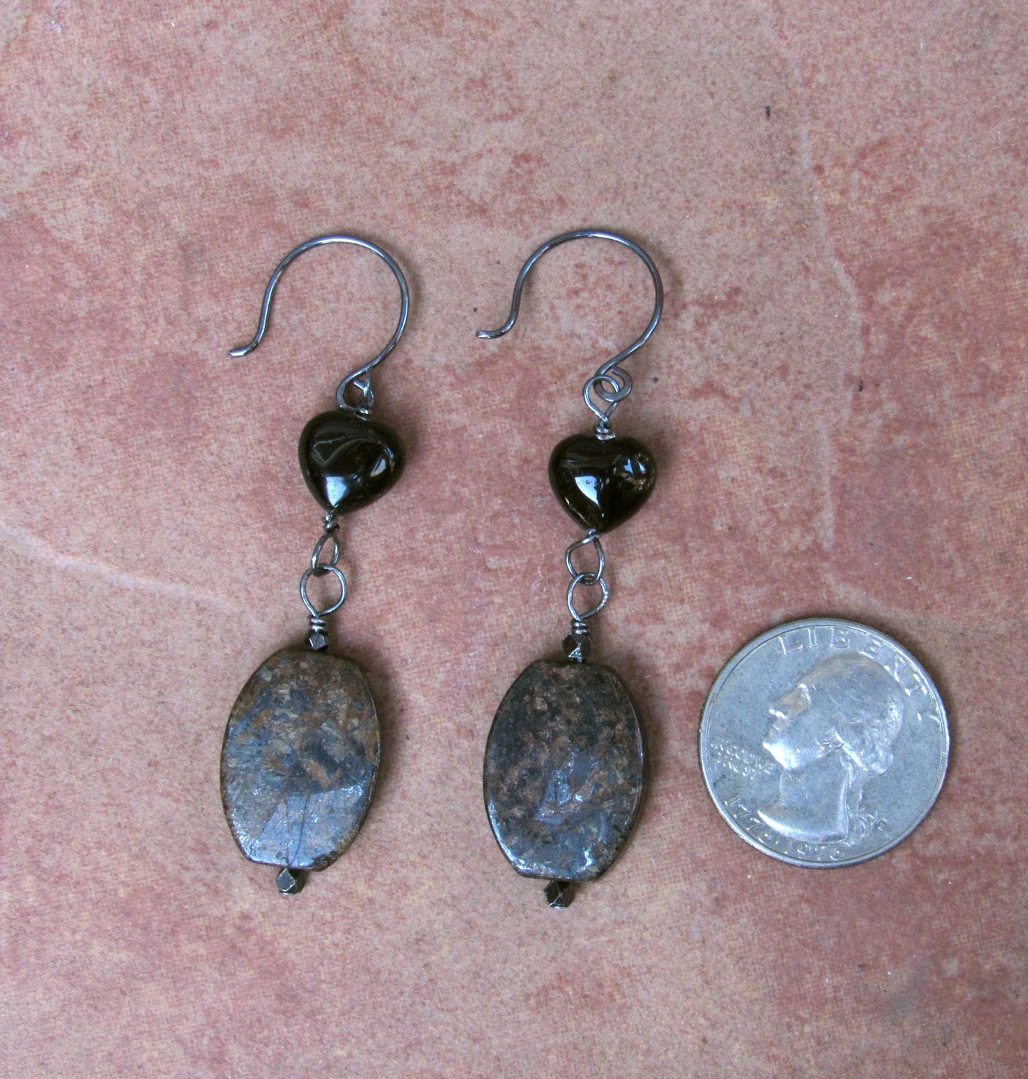 Bronzite and Tourmaline Gemstone Heart w/ Oxidized Sterling Silver Drop Earrings